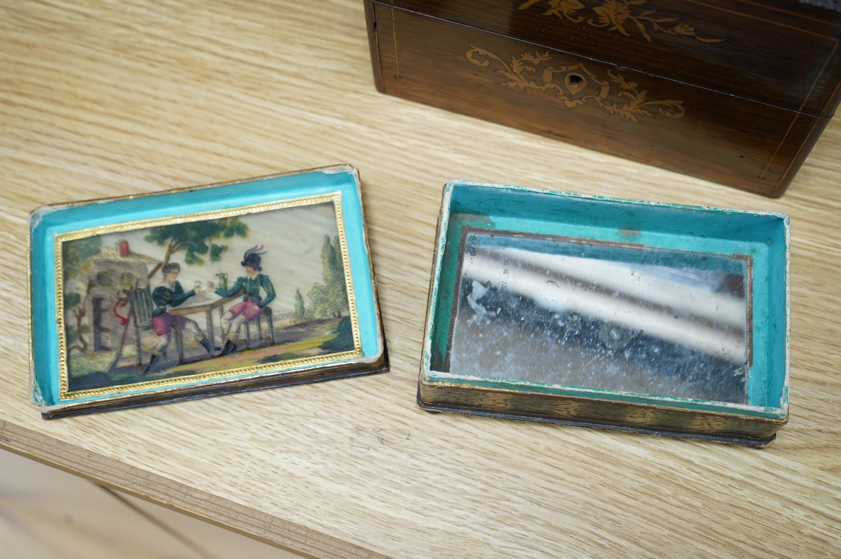 Four boxes to include a burr elm bound example, together with a French inlaid ‘Thé’ caddy with porcelain canisters, largest 32cm wide